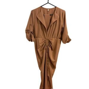 Amazon Tan Button Ruched Bandage Shirt Maxi Dress Size Medium